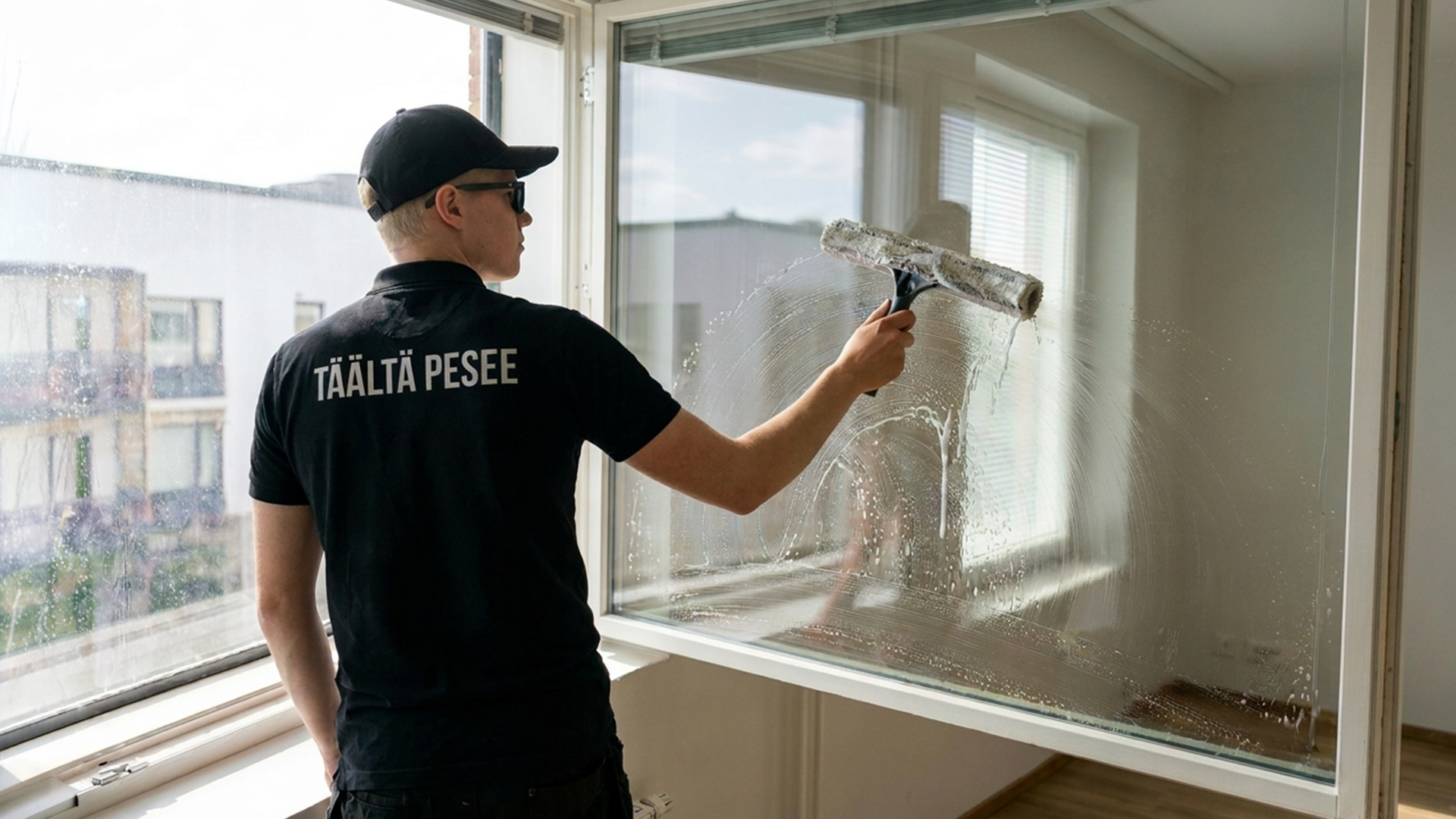 Ikkunanpesijä pesemässä ikkunaa